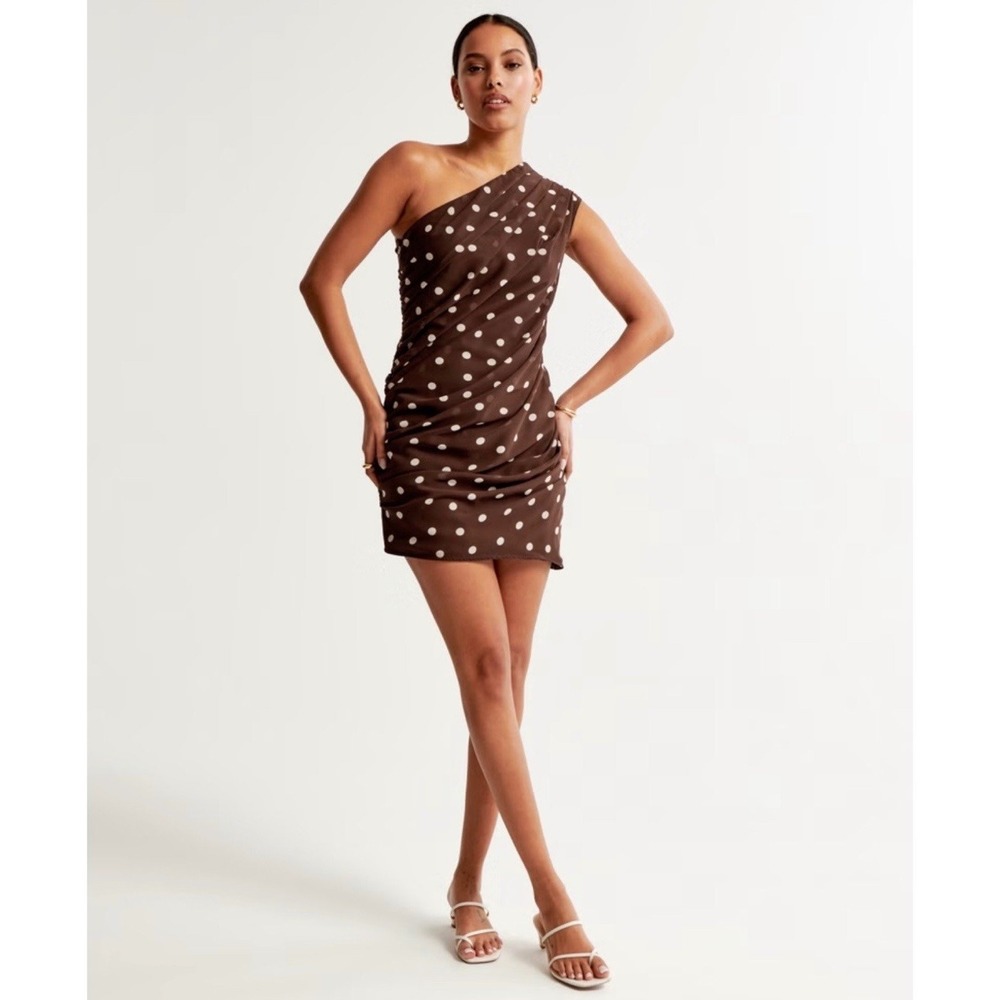 Abercrombie & Fitch One-Shoulder Chiffon Mini Dress Brown Polka Dot Large tall
